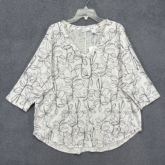 Cynthia Rowley Top Women 2X 100% Linen White Black Floral 3/4 sleeve Blouse - Picture 1 of 16